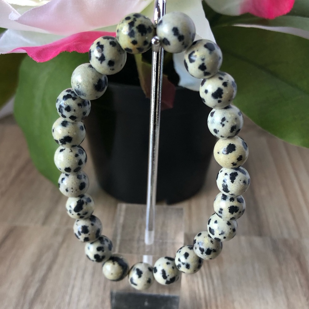 Dalmatian Natural Stone Beads Stretchable Bracelet 7" - 8mm Beads Best Gift